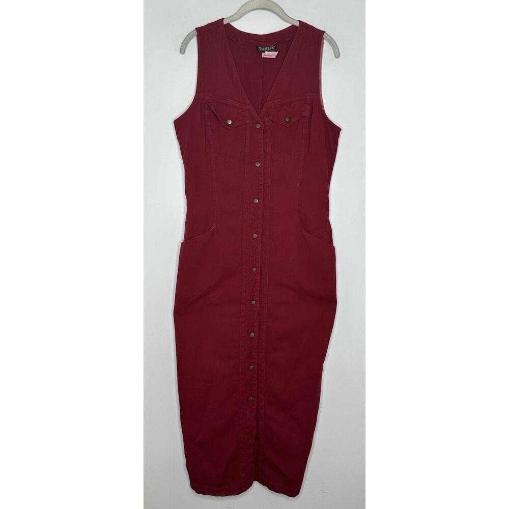 TICKETS Vtg Denim Dress 90s Sleeveless Cotton Button Up Front Maxi Size 13/14 - Picture 2 of 9
